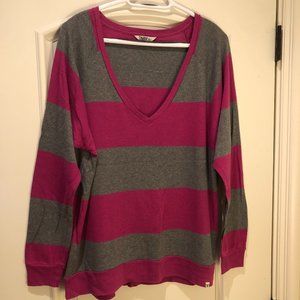 TNA Dark Pink and Grey Large Stripe Long Sleeve V-Neck Size L